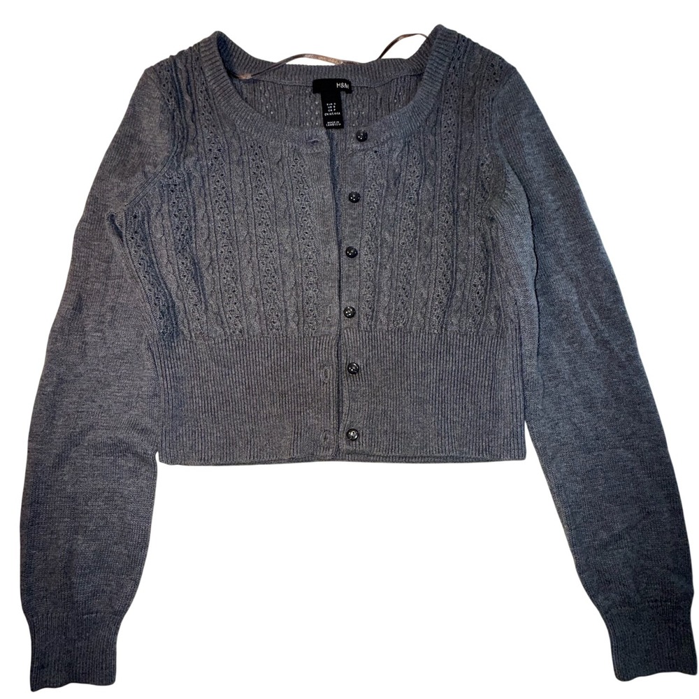 HM Women Grey Cable Knit Pointelle Cropped Cardigan Sweater Small Button Front